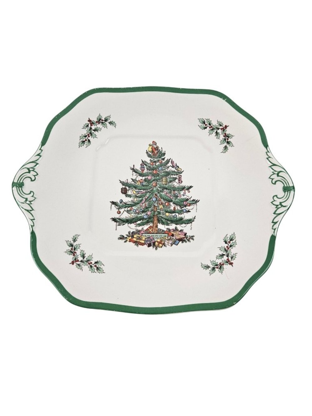 Spode Christmas Tree Handled Cake Plate S3324F England Green Trim Indent